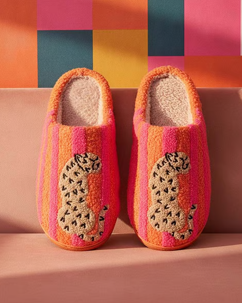 Women’s Retro Striped & Leopard Fuzzy Slippers