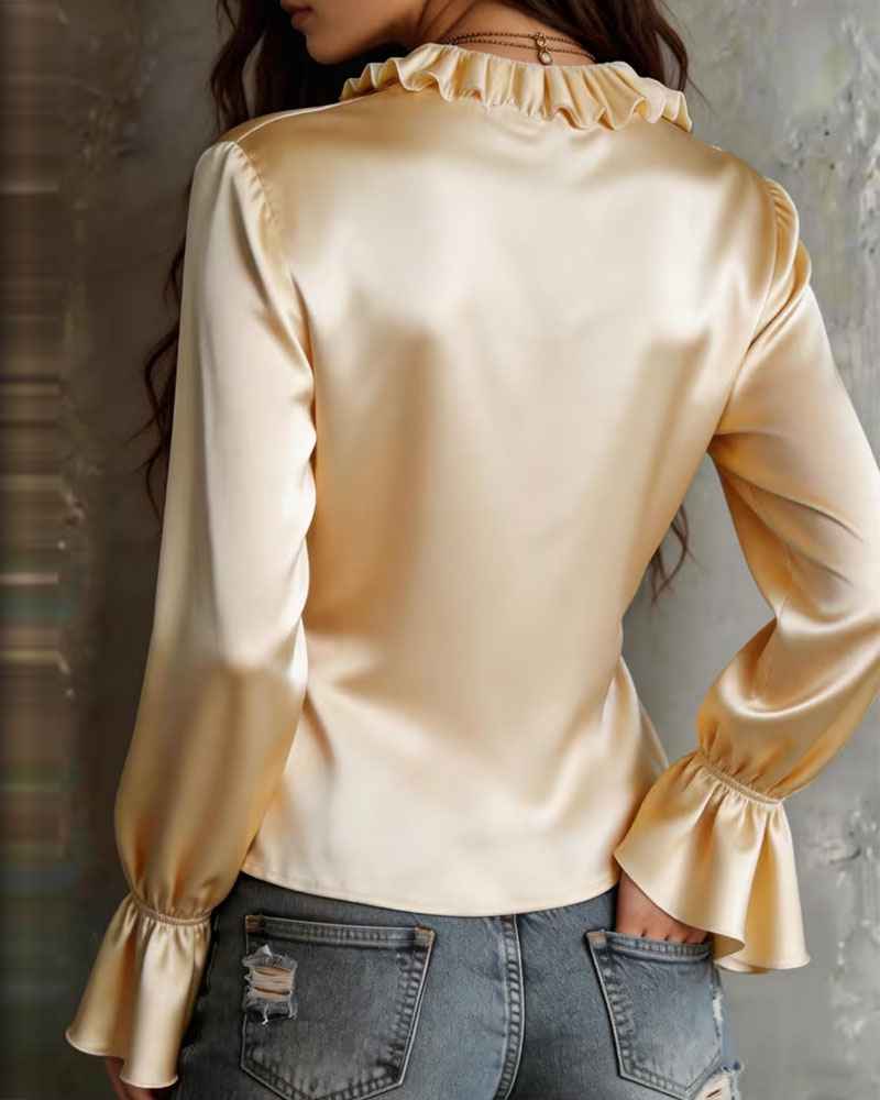 Ruffle V-Neck Button Long Sleeve Shirt