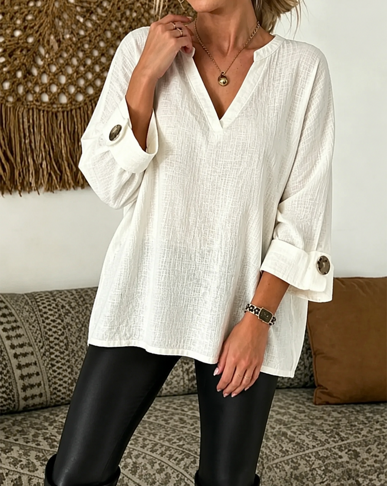 V-Neck Three-Quarter Sleeve Solid Color Blouse