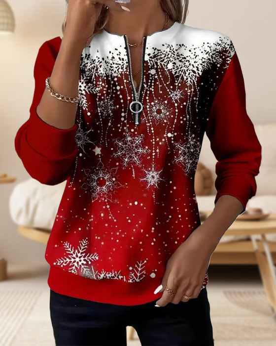 Half-Zip Snowflake Round Neck Sweatshirt