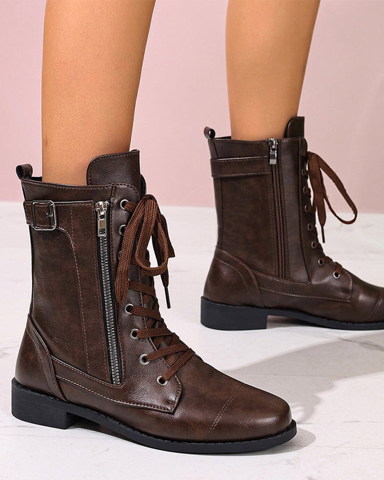 Women's Round Toe Side Zipper Leather Orthopedic Boots