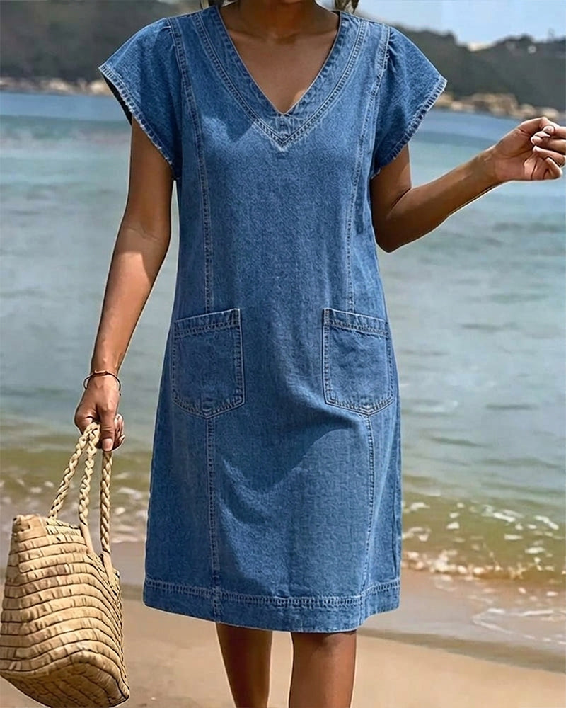 V Neck Solid Short Sleeve Sheath Dress