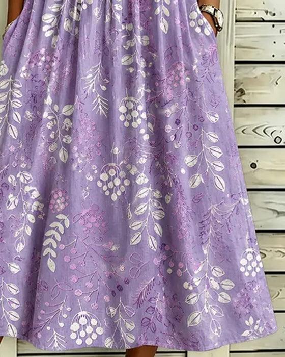 Crew Neck Leaf Print Fitted Waist Dress