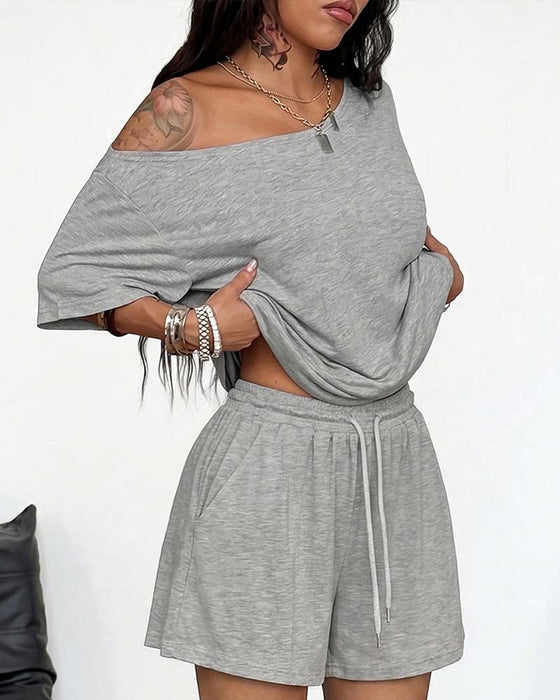 One-Shoulder Batwing Sleeve Loose Shorts Set