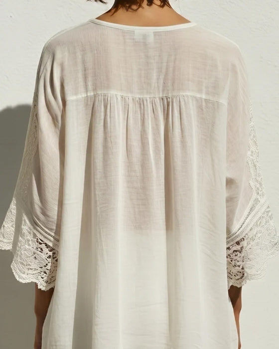 Solid-Color Lace V-Neck Blouse