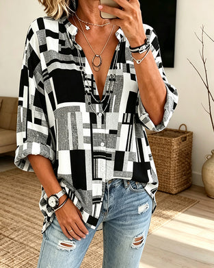 Geometric Print V-Neck Relaxed Blouse