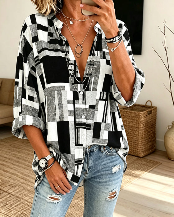 Geometric Print V-Neck Relaxed Blouse