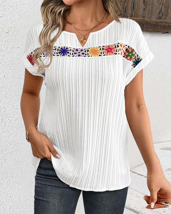 Patchwork printed rib short-sleeved top