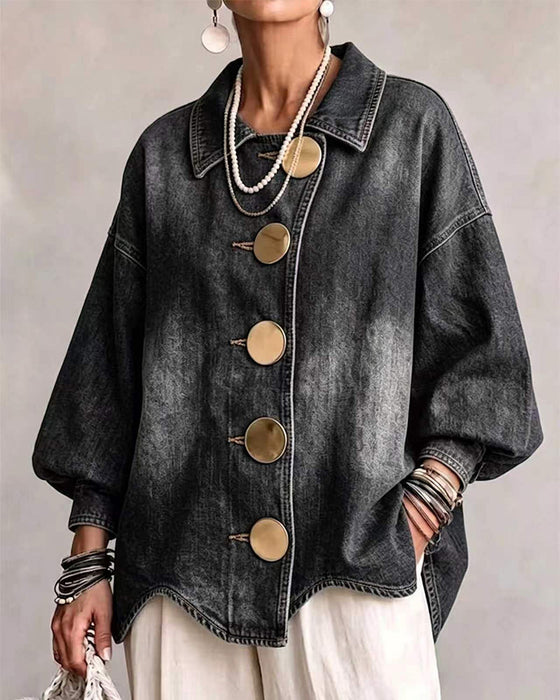 Big Metal Button Washed Denim Coat