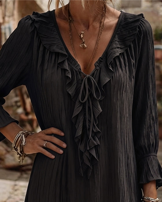 Ruffle Collar Tie Three Quarter Sleeve Dress