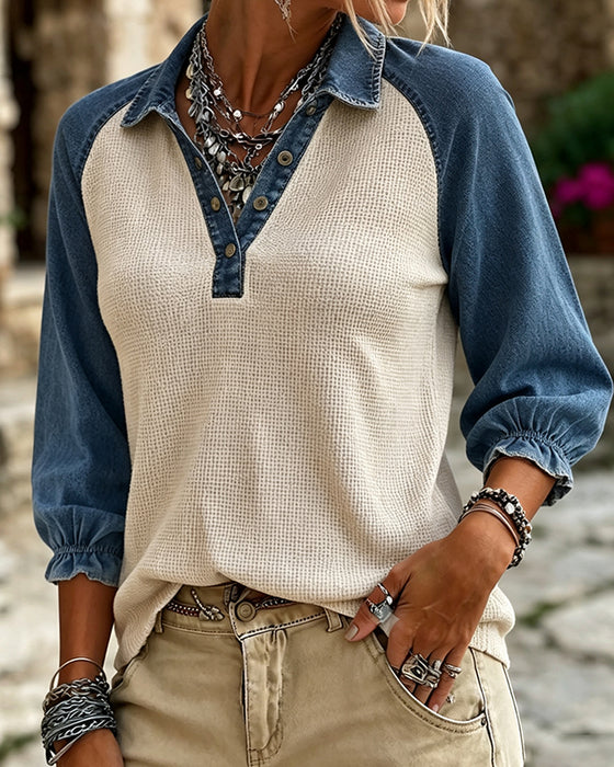 V-Neck Waffle Texture Contrast Denim Blouse