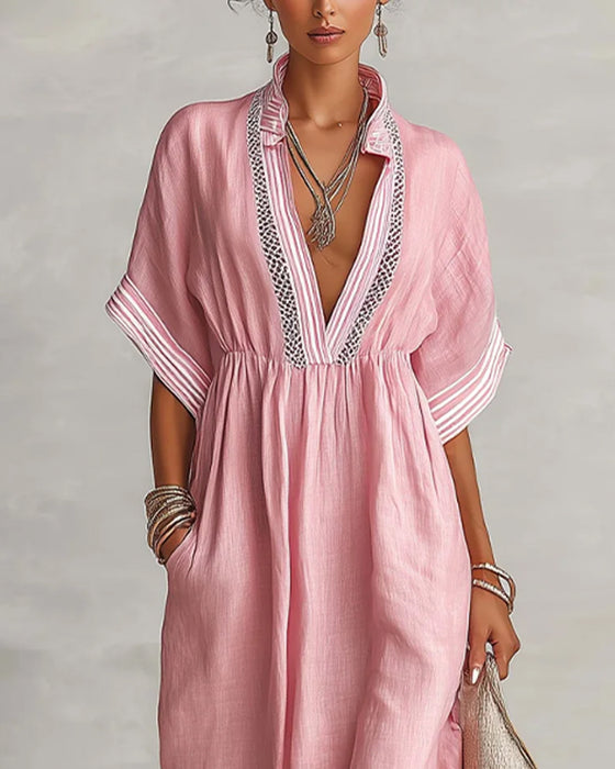 V-Neck Ruched Striped Loose Dress