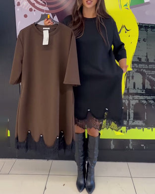 Elegant Lace Spliced Round Neck Dress