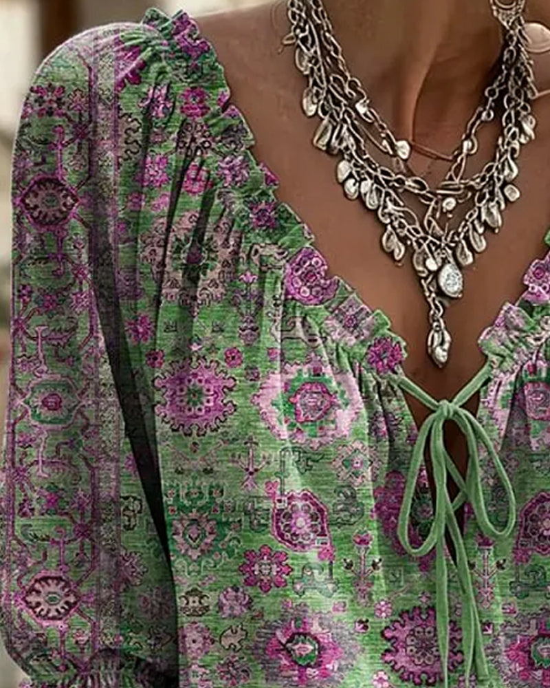 V-Neck Tie Vintage Print Blouse