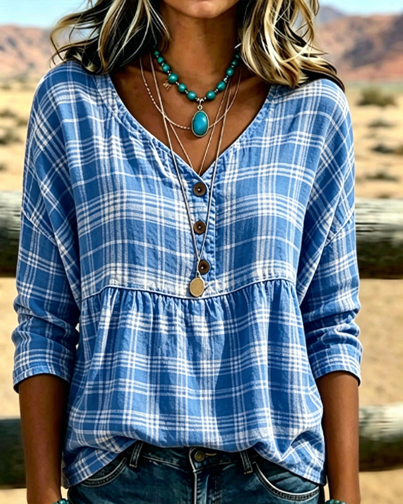 Vintage Plaid V-Neck Blouse