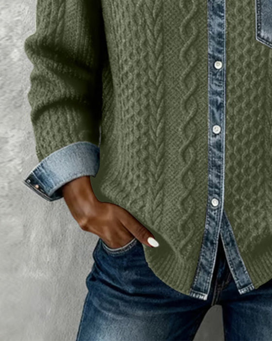 Long-Sleeved Denim Patchwork Shirt