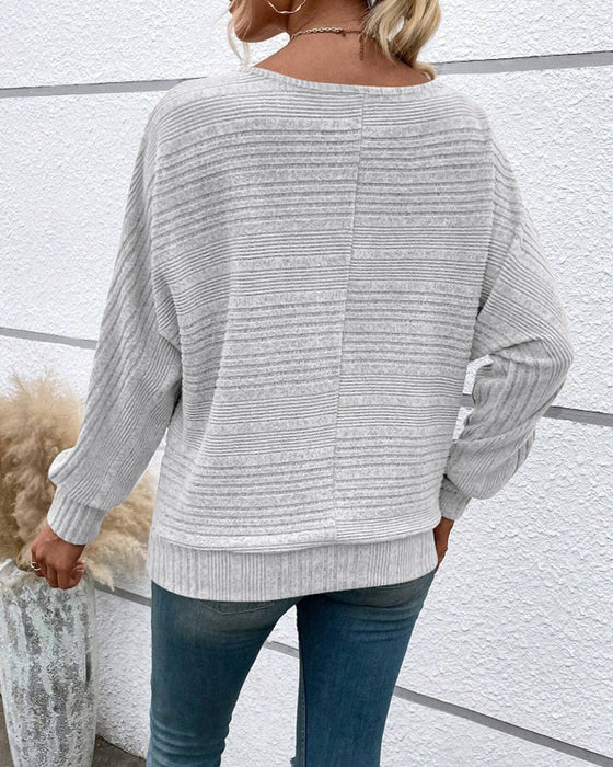 Solid Color Round Neck Long Sleeve Striped Top