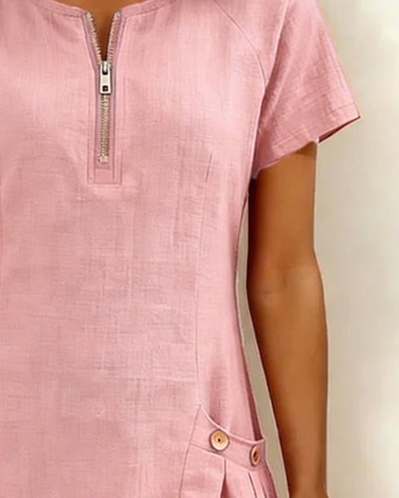 Zipper Pocket Cotton Linen Dress