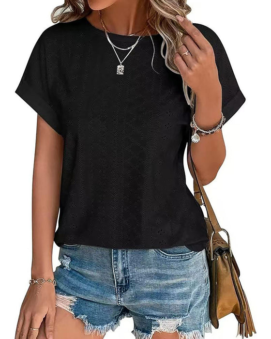 Solid Color Crew Neck Loose Short-Sleeve Blouses
