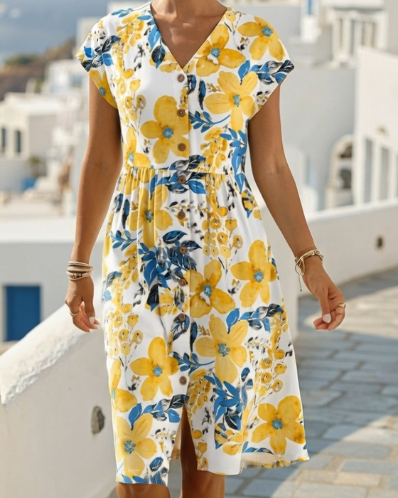 Floral Print V-Neck Short-Sleeve Dress