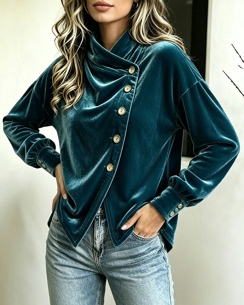 Turtleneck Slit Cross Button Blouse