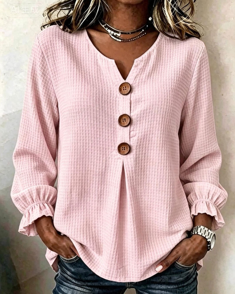 Three-Button Ruffle Sleeve Waffle Knit Long Sleeve Top