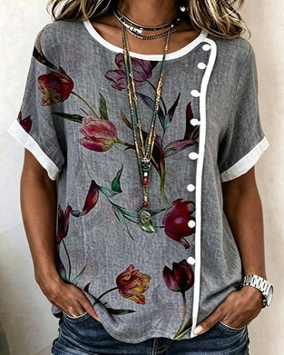 Tulip Print Side-Button Blouse