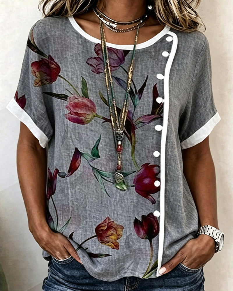 Tulip Print Side-Button Blouse