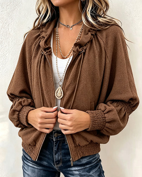 Textured Loose Zippered Pleated Coat