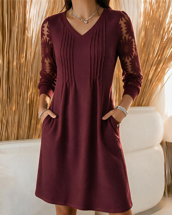V-Neck Shirred Patchwork Dress