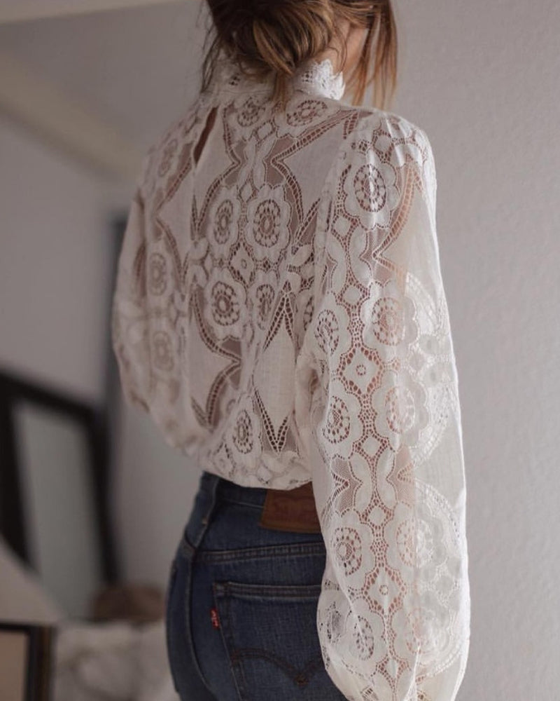Sexy See-Through Long-Sleeved Stand-Collar Lace Blouse