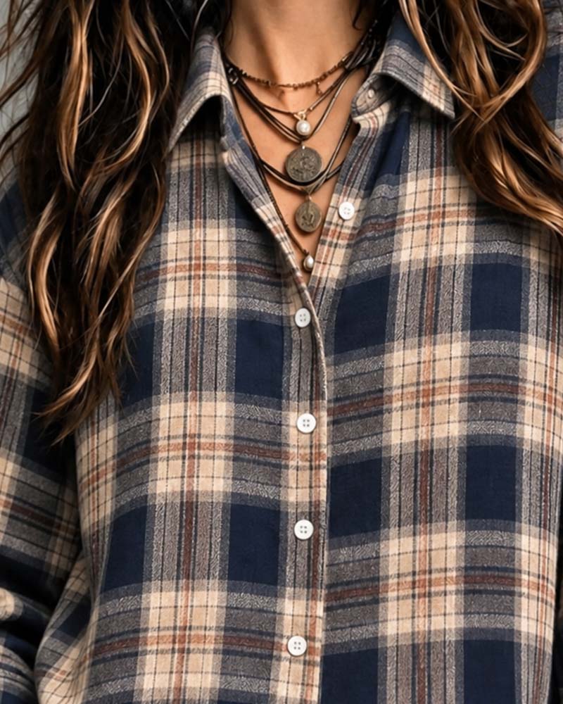 Collared Plaid Long-Sleeve Blouse