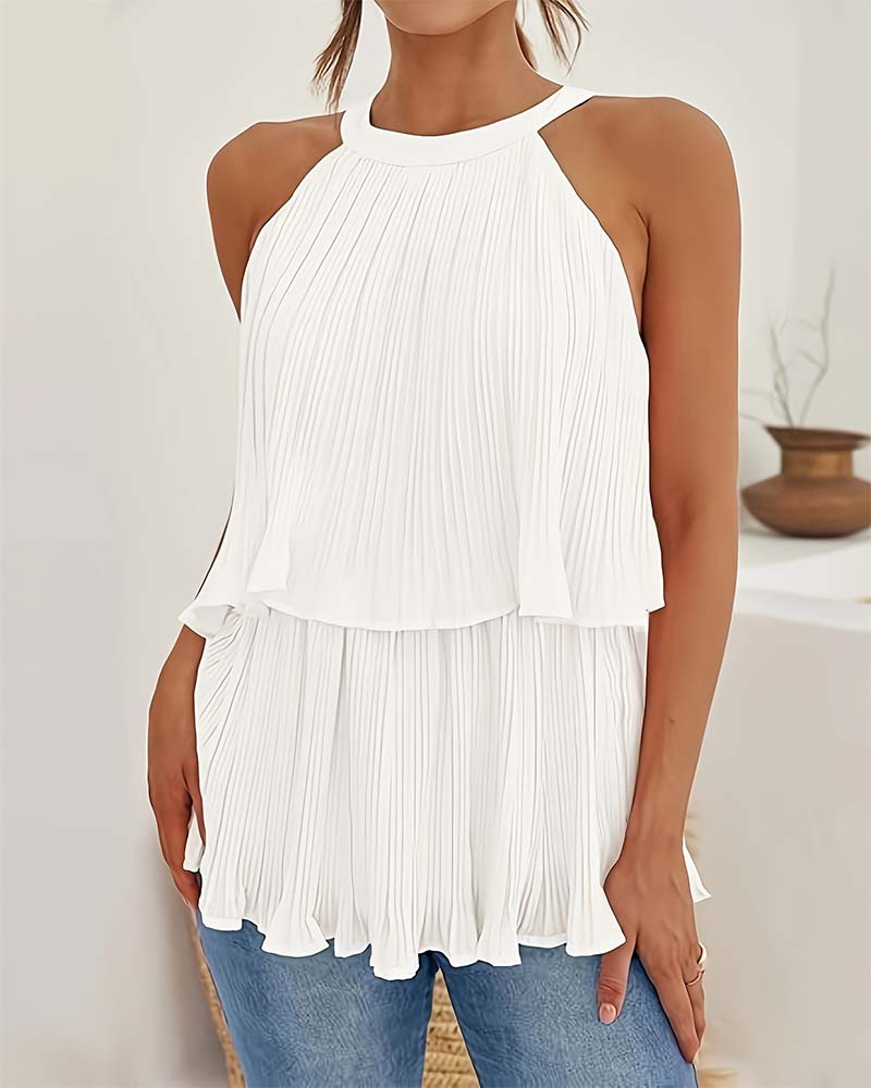 Halter Sleeveless Double Layer Shirred Tank Top
