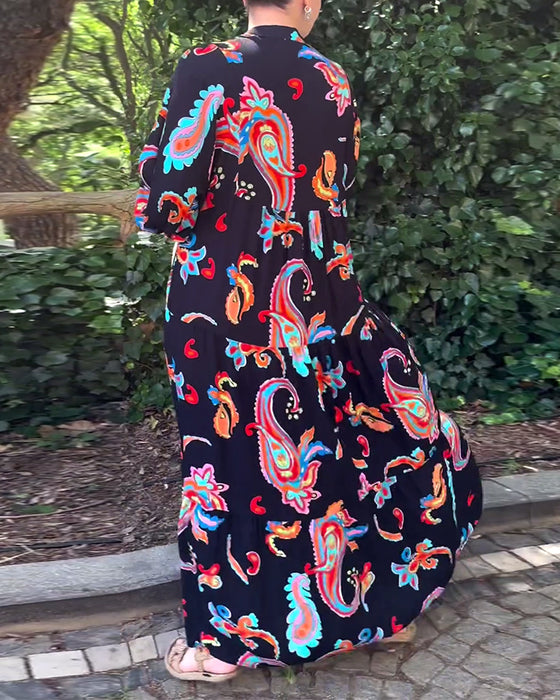 Vintage printed long sleeve patchwork dress