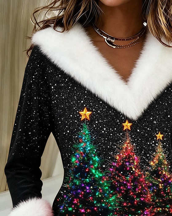 Christmas Tree Print Plush V-Neck Top