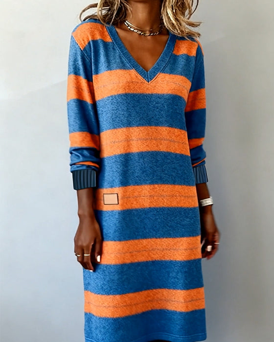 V-Neck Colorful Striped Knitted Dress