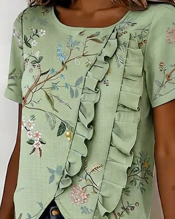 Crewneck Short Sleeve Ruffle Floral Blouse