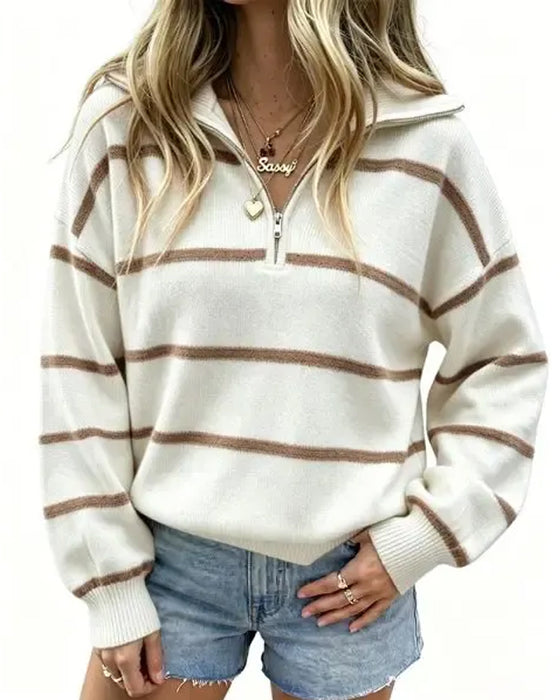 Lapel Zipper Striped Dropped Shoulder Pullover