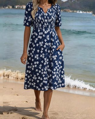 Small Floral Waist-Cinching A-Line Midi Dress