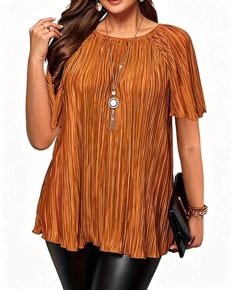 Plus Size Solid Pleated Short Sleeve T-Shirt