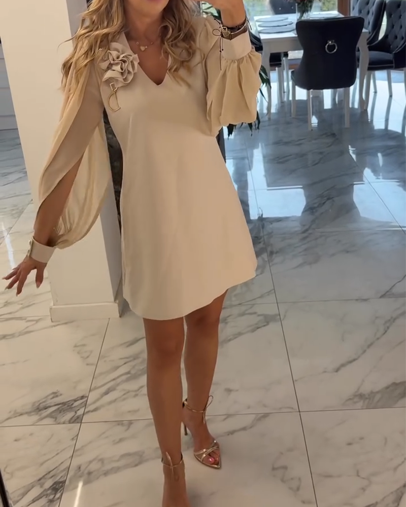 Three-Dimensional Flower V-Neck Lantern Sleeve Dress