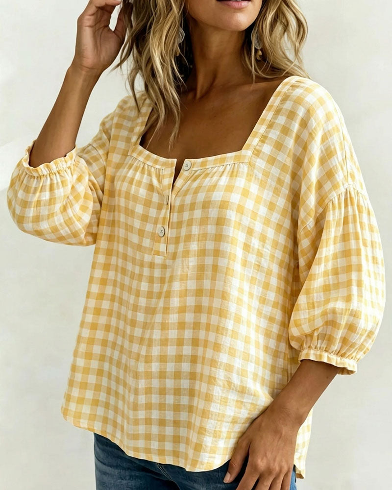 Square Neck Button-Up Plaid Blouse
