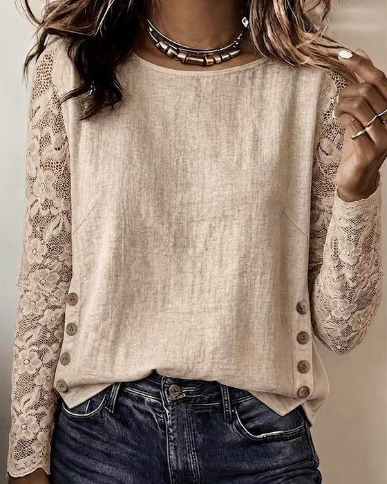 Round Neck Buttoned Lace Patchwork Long-Sleeved Blouse
