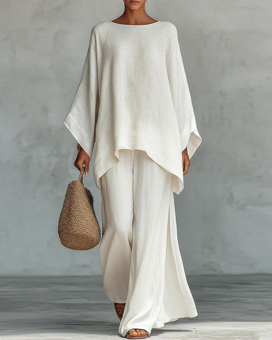 Solid color shirt and wide-leg pants suit