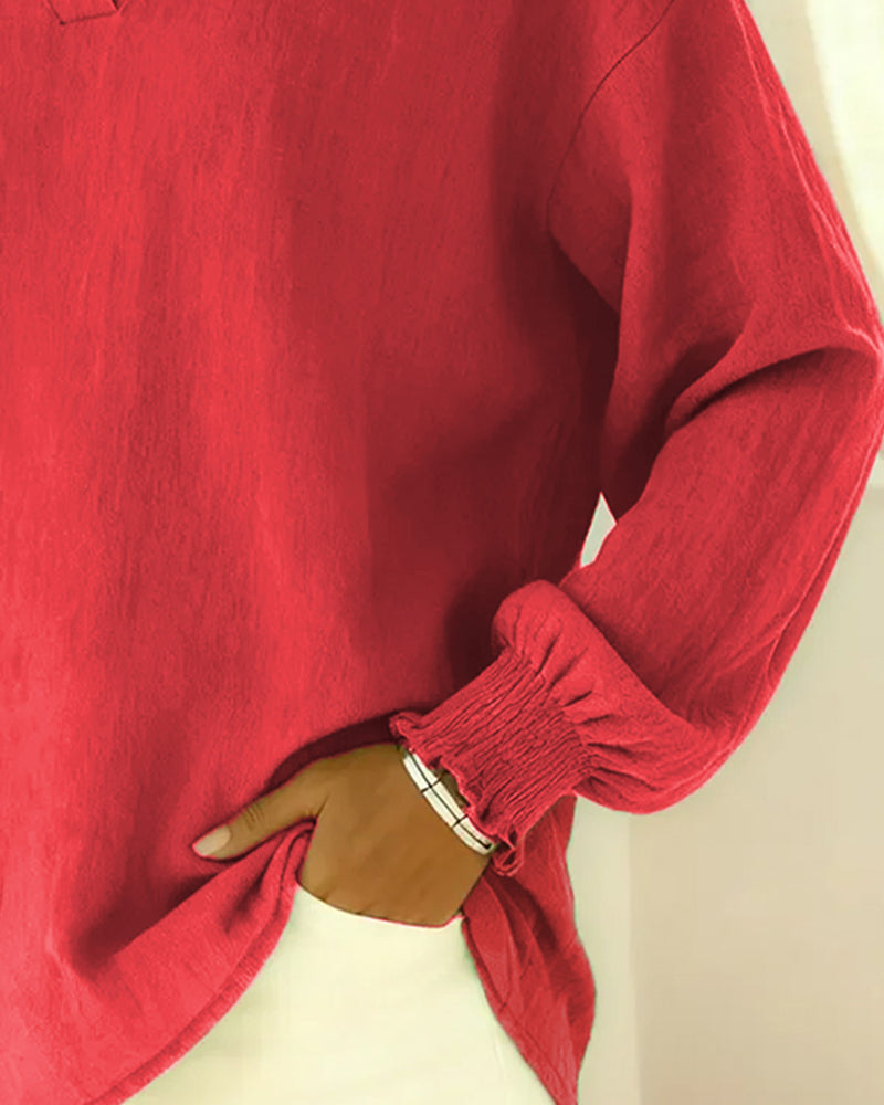 Cotton Lantern Sleeve Collared Solid Color Blouse