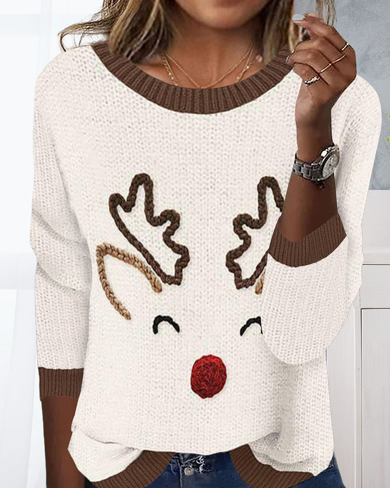 Casual Crewneck Christmas Pattern Sweater