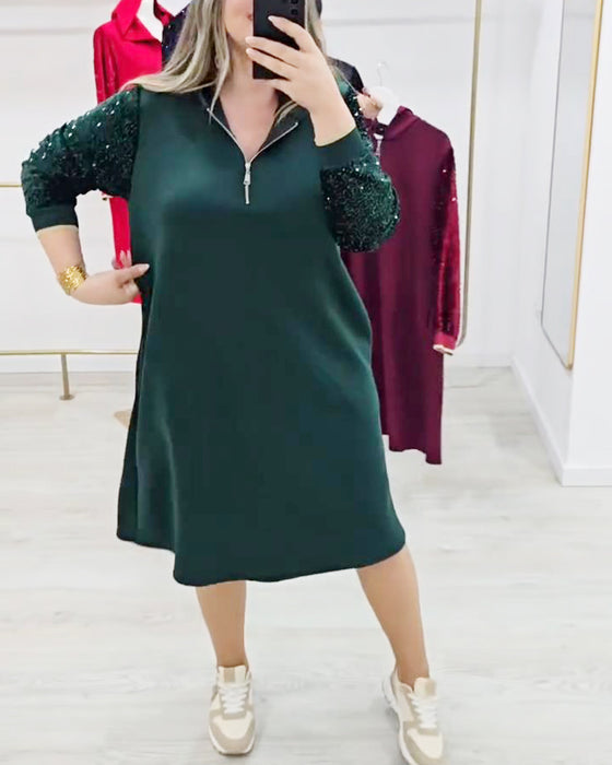 Hooded Zipper Sequin Patchwork Dress
