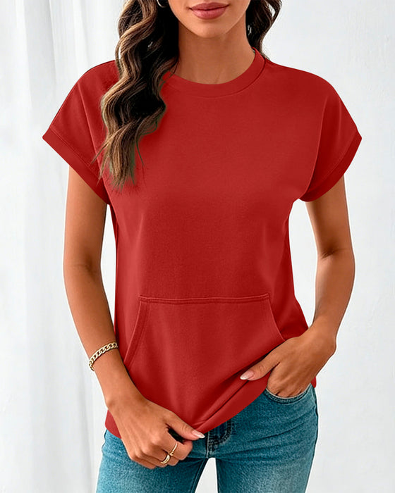 Front Pocket Solid Color Round Neck Blouse