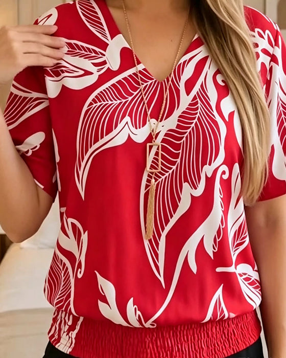 Floral Print Elastic Hem Short Sleeve Blouse