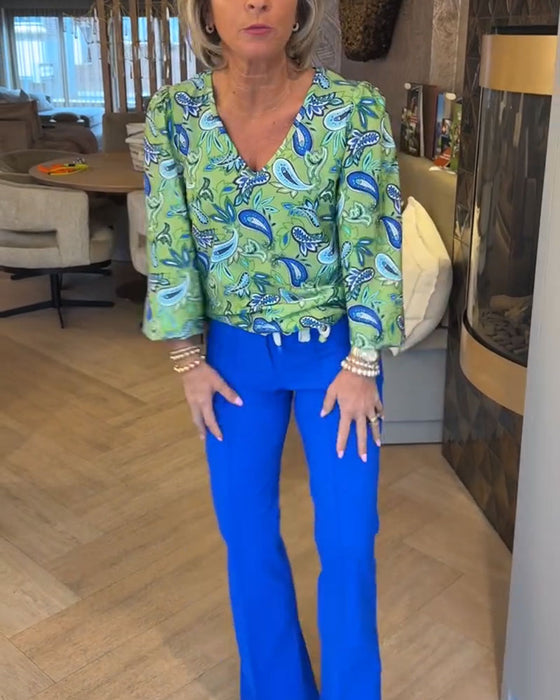 Water Drop Print Long-Sleeved V-Neck Top